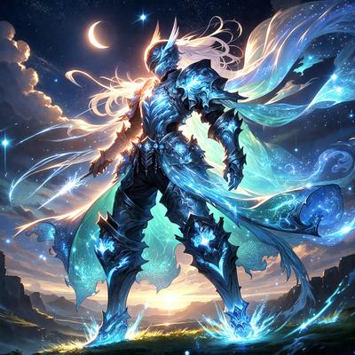The primary subject of the image is a person, likely a woman, dressed in a blue and white outfit. The setting is a nighttime sky, with the person standing in front of a backdrop of stars. The visual style appears to be a digital art or illustration, as the person is depicted with a fantastical, otherworldly appearance. The colors and mood of the image are predominantly blue and white, creating a serene and celestial atmosphere.